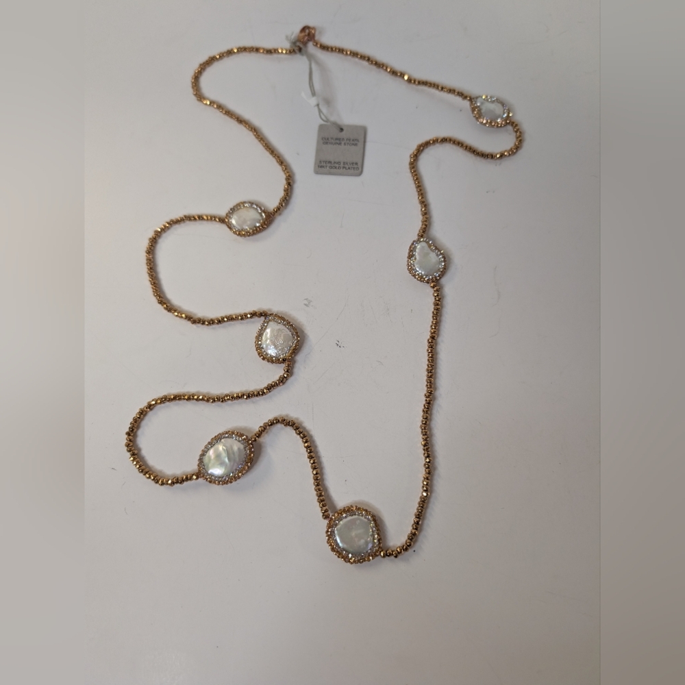Freshwater Large Pearl Necklace Rose Gold Beads and Silver Necklace 18 Inches